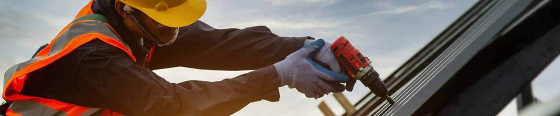 Technician Roofer worker in protective uniform wear and gloves,